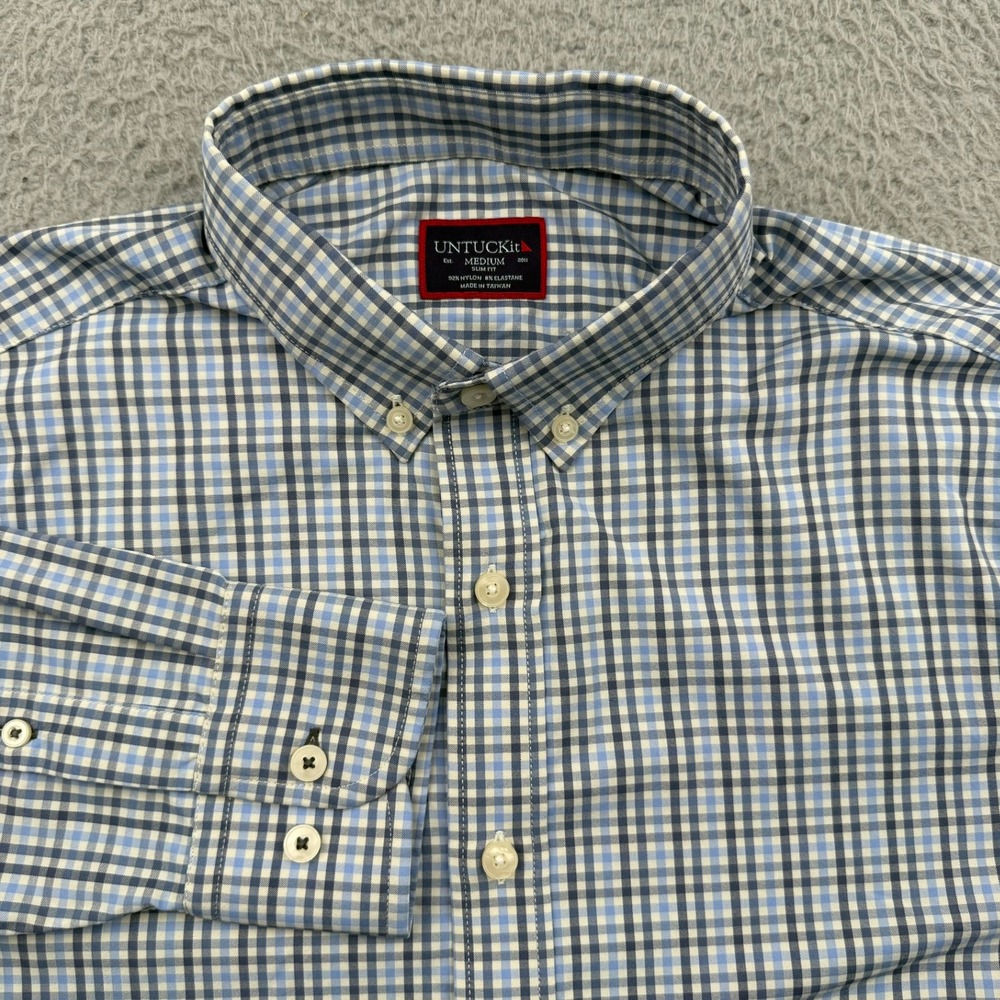UNTUCKit Button Down Shirt Mens Medium Blue Check Nahad Slim Fit Stretch